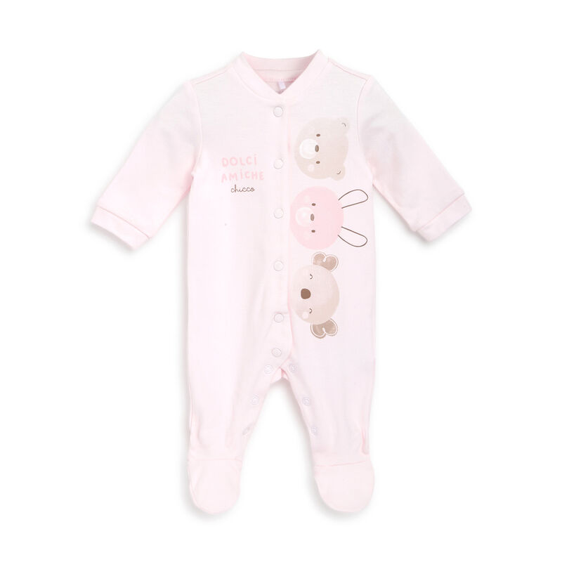 Girls Light Pink Printed Front Opening Babysuit image number null